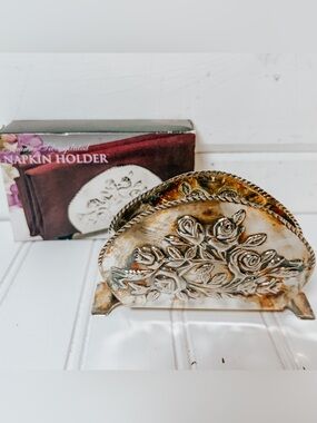 Vintage Silver-Plated Floral Napkin Holder | Ornate Embossed Rose